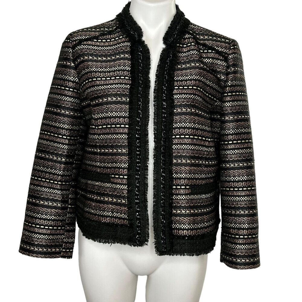 CHICO'S Royal Tweed Jacket Black Gold Silver Open Blazer Bracelet Sleeve 1 M 8